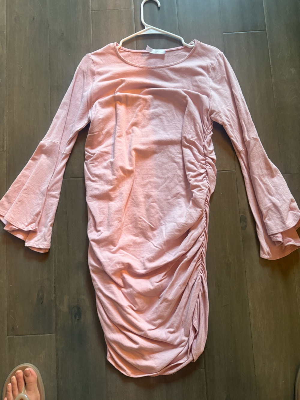 Maternity Pink Ruched Side Bell-Sleeve Dress